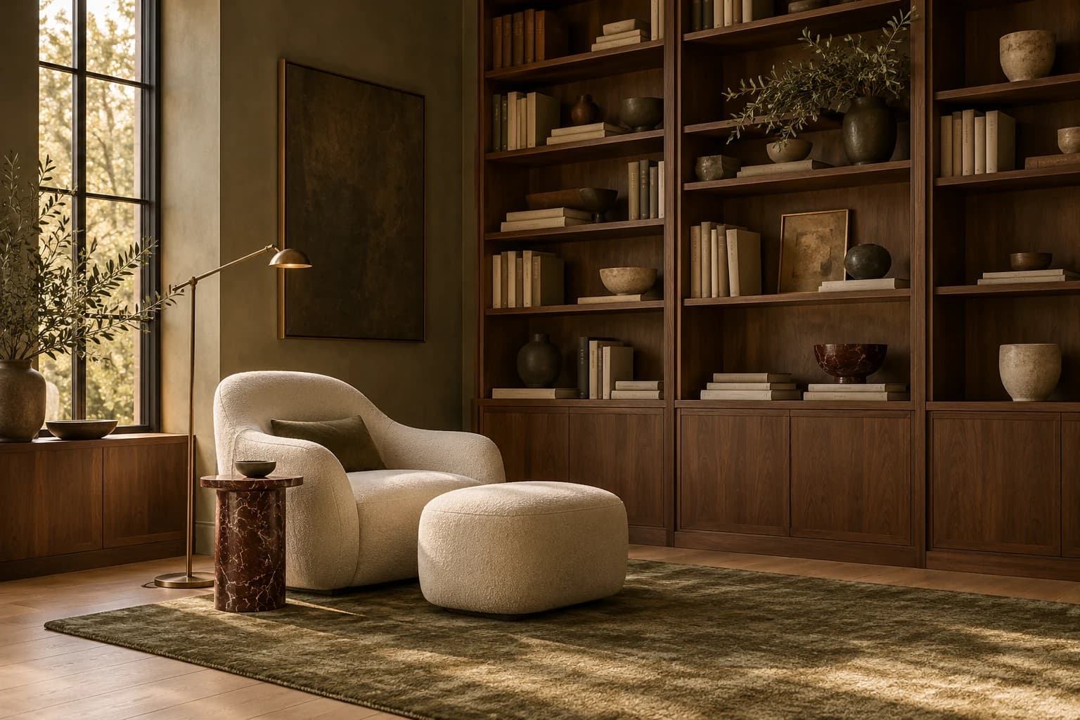 Galería Oliva — An intimate library balancing deep timber, a pale lounge chair and a mineral accent.