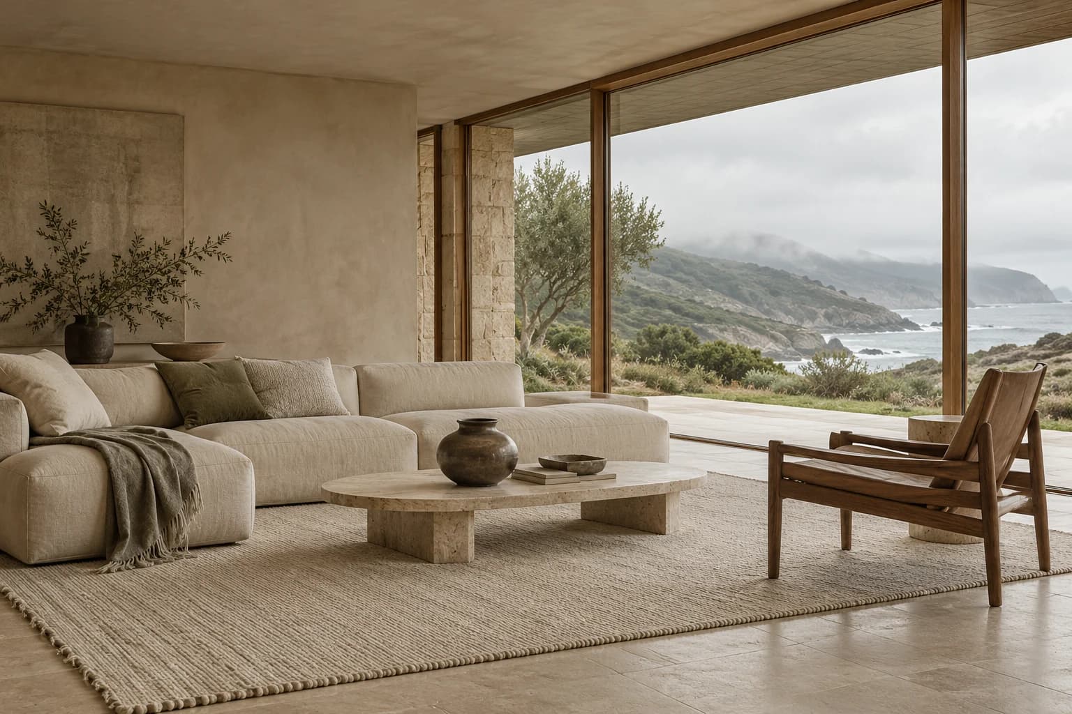 A home that welcomes the landscape without competing with it. Pale stone, linen and slowly changing light.