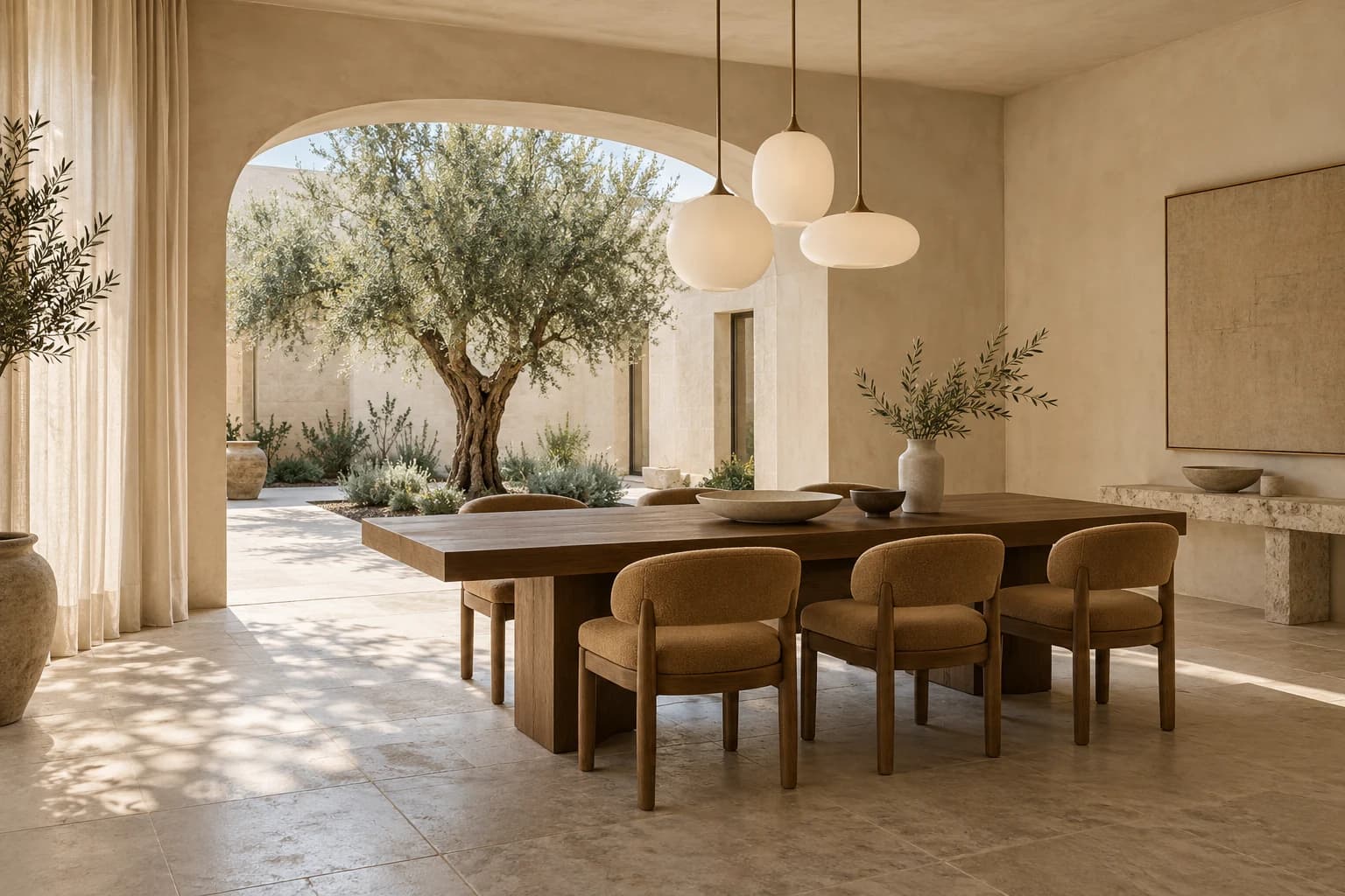 El comedor como lugar de encuentro: una mesa generosa, luz suave y un jardín que prolonga la estancia.